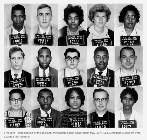 An image of the original Freedom Riders and their booking shots upon arrest in 1961.
